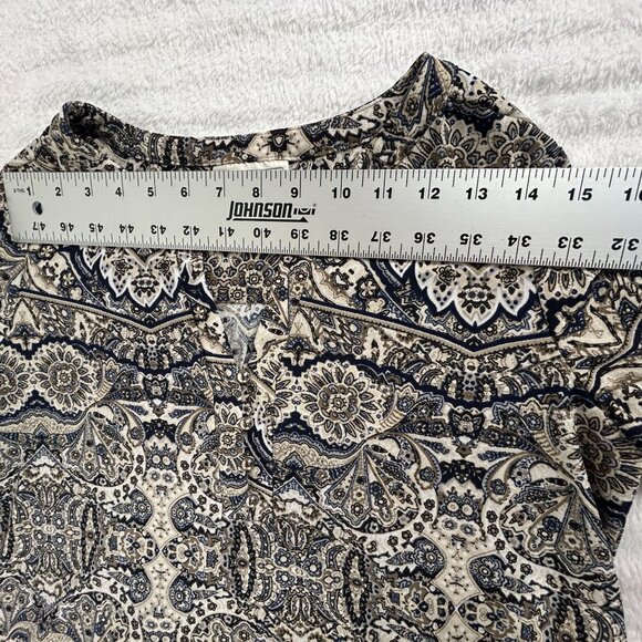 Dana Buchman Womens Paisley Print Tunic Top Medium 3/4 Sleeve Beige Navy Stretch - Picture 7 of 10